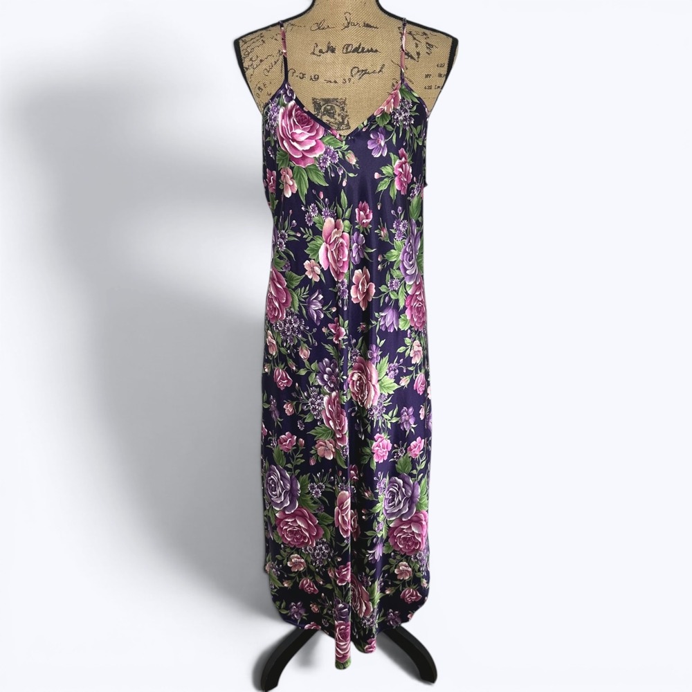 Vtg Dentelle Purple Floral Satin Maxi Slip Dress Feminine Dark Romantic 90s Sz L